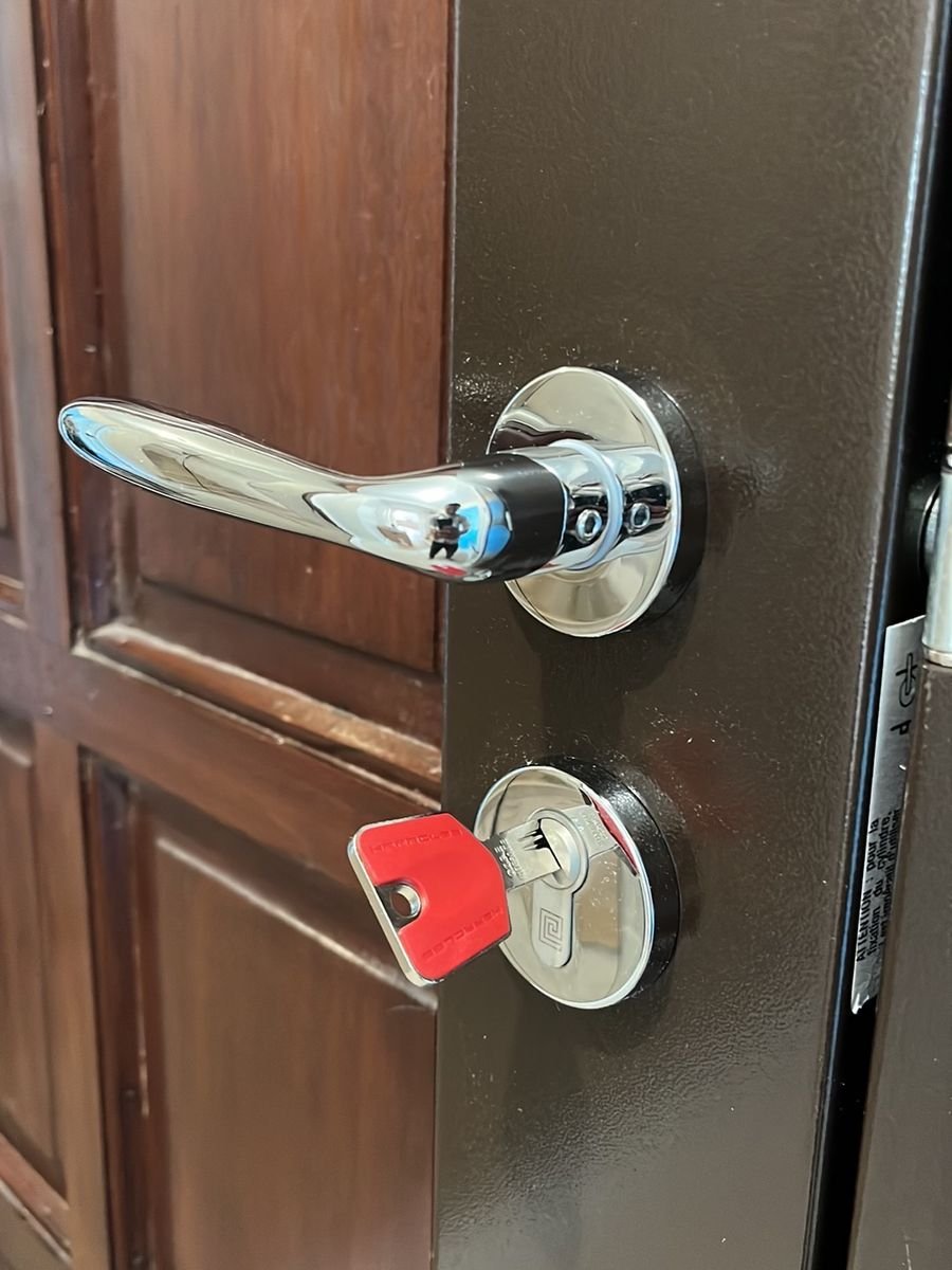 Protège-cylindre magnétique anti-effraction installé sur une porte blindée – serrurier à Doue